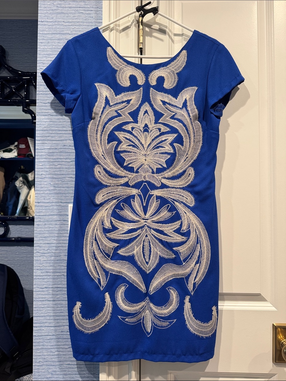 Quinn Cobalt Blue Mini Dress with Ivory Embroidered Front